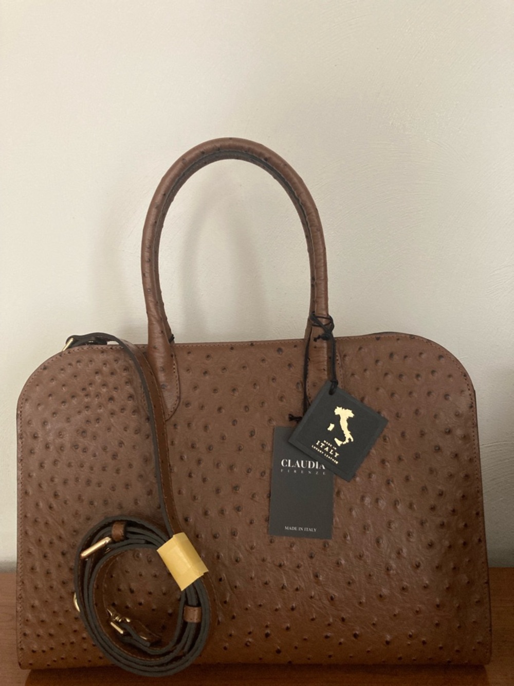 Claudia Firenze Brown Ostrich-Embossed Leather Satchel made in Italy 🇮🇹